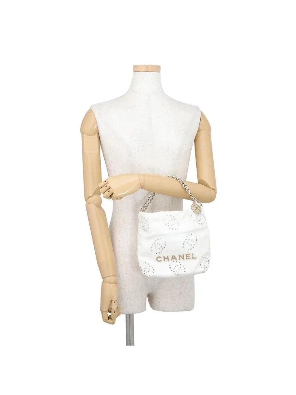 Chanel Handbag 22 Mini Perforated CC Logo Shiny Calf Leather 2-Way White